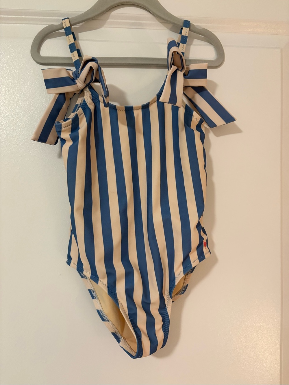 Pink Chicken Blue and Cream Striped Girls Swim Bodysuit with Shoulder Ties
